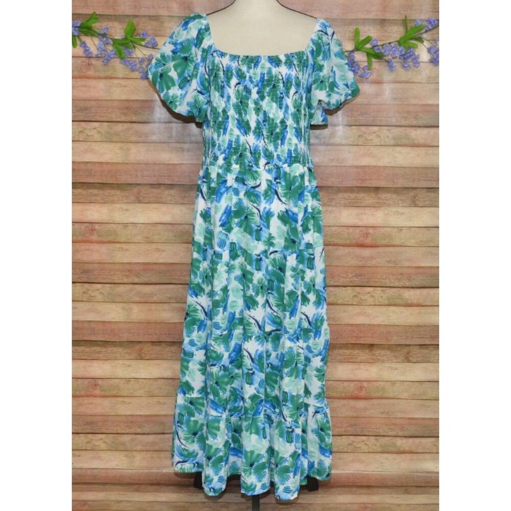 Womens XXL Summer Floral Maxi Dress Puff Sleeve Square Neck Smocked Tiered Vacay